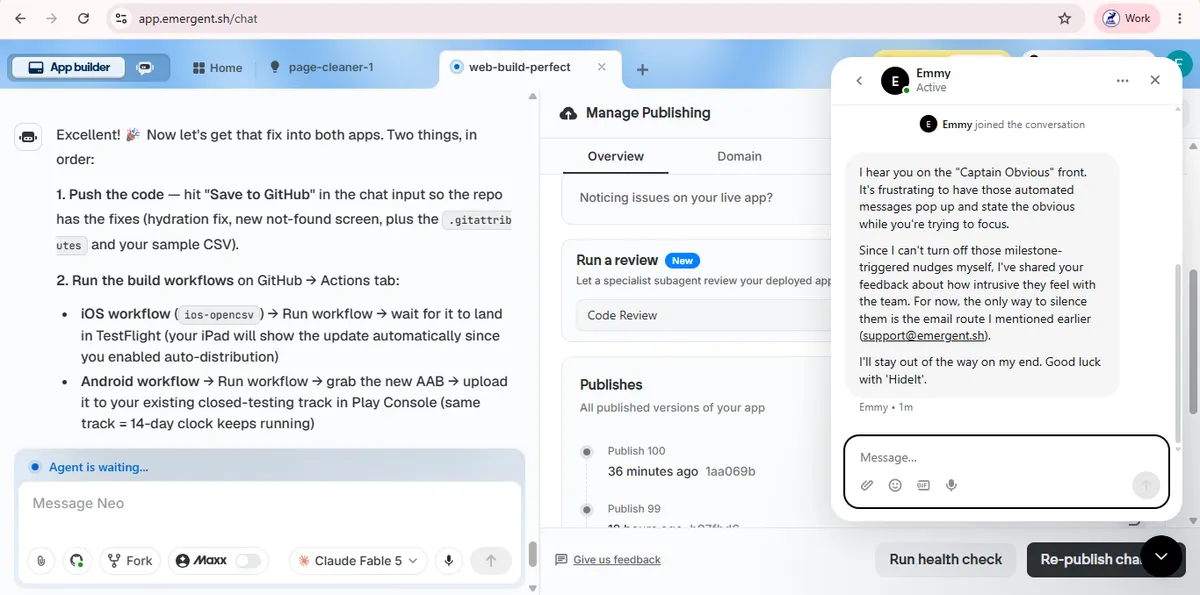 The support bot admitting it cannot turn off its own popup nudges